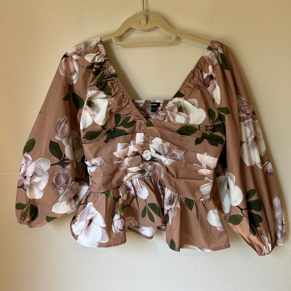 NWT Express Brown Floral Pleated Peplum V Neck Blouse Women's Size S